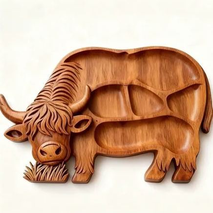 Highland Cow Wooden Charcuterie Board – Rustic Farmhouse Serving Tray – Cow & Heart Shaped Cheese Board