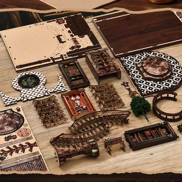 DIY Wooden "Wisdom Rings" Library 3D Puzzle Kit – LED Lighted Miniature Round Bookstore Model, Creative Handcrafted Gift (Battery Powered)