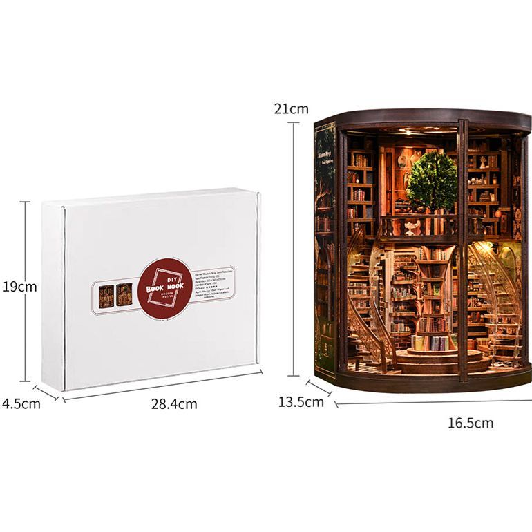 DIY Wooden "Wisdom Rings" Library 3D Puzzle Kit – LED Lighted Miniature Round Bookstore Model, Creative Handcrafted Gift (Battery Powered)