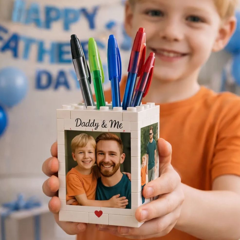 Custom Photo Brick Pencil Pot For Dad – Brick-Inspired Organizer, Gift for Him from Kids, Gift For Dad, Personalized Gift