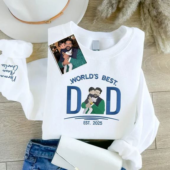 Personalised World's Best Dad Sweatshirt, Embroidered Family Photo Portrait Sweater, Custom Dad Est Date Jumper, Fathers Day Gifts for Him