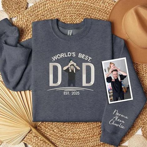 Personalised World's Best Dad Sweatshirt, Embroidered Family Photo Portrait Sweater, Custom Dad Est Date Jumper, Fathers Day Gifts for Him