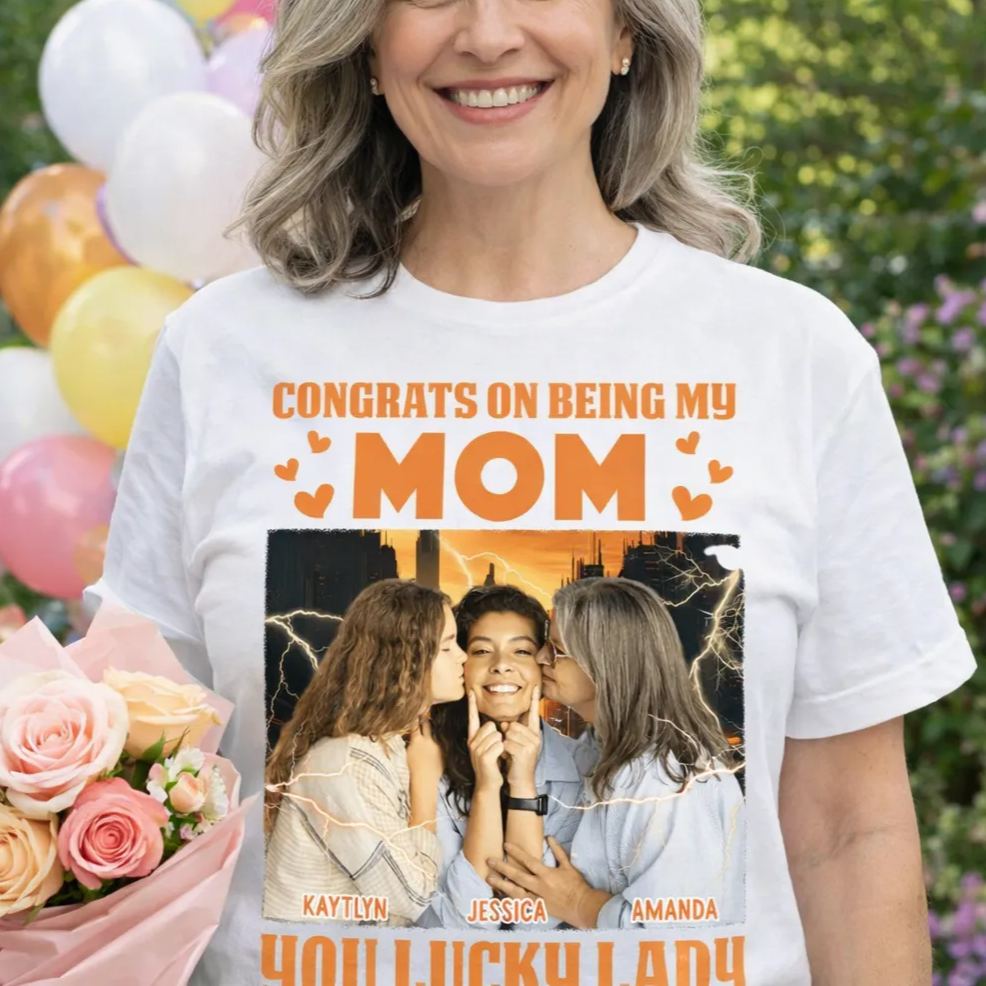 Custom Photo Lucky Lady Congrats On Being My Mom Family Bright Shirt Mothers Day Gift - SantaSocks