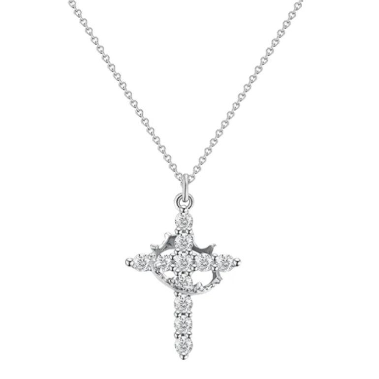 Dainty Crown Cross Necklace for Women, Copper-Based Silver-Plated Zircon Pendant, Perfect Mother's Day Gift for Mom - SantaSocks