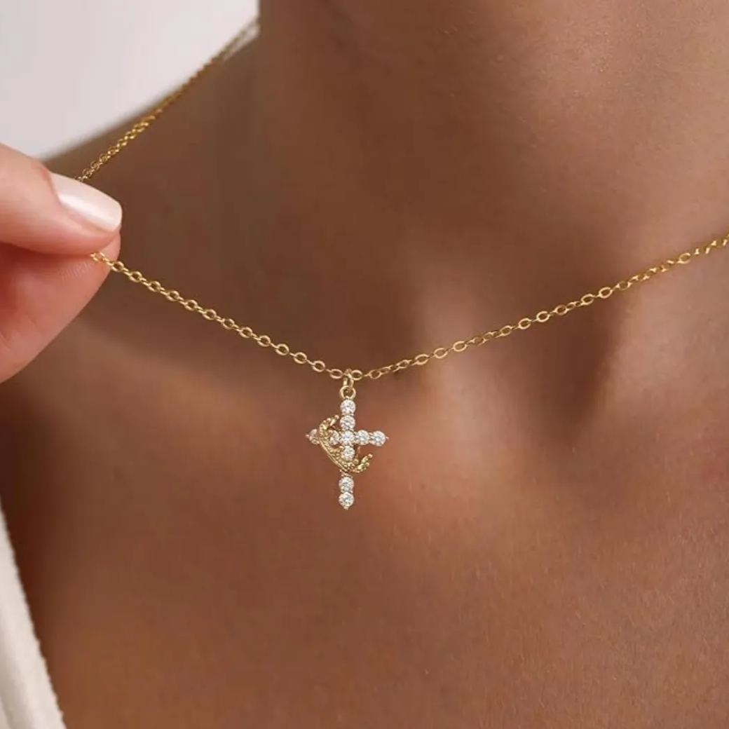Dainty Crown Cross Necklace for Women, Copper-Based Silver-Plated Zircon Pendant, Perfect Mother's Day Gift for Mom - SantaSocks