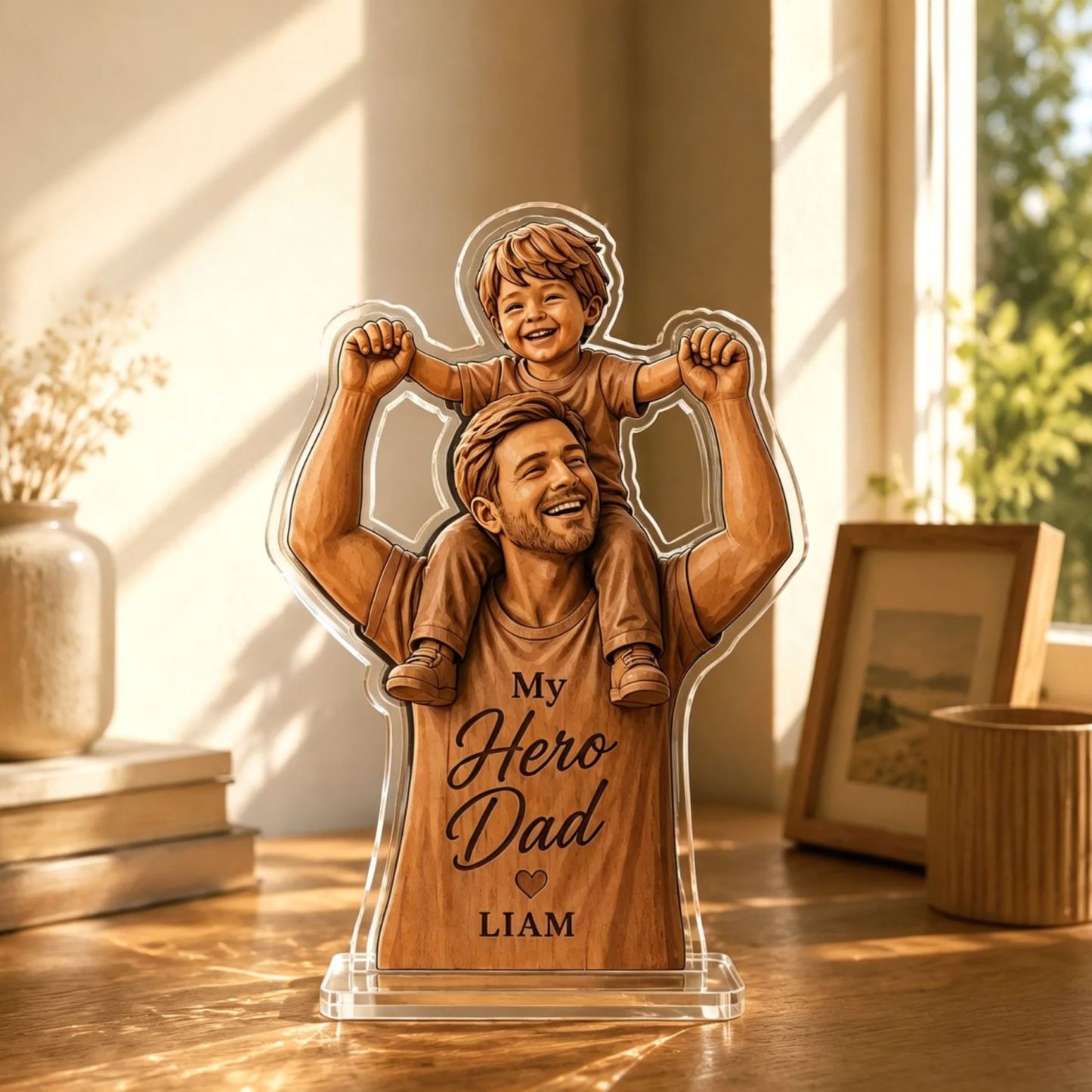 Personalized My Hero Dad 2D Acrylic Plaque, Custom Name Father Son Woodcut Style Keepsake, Thick Clear Acrylic Father’s Day Gift, Desk Decor for Dad - SantaSocks