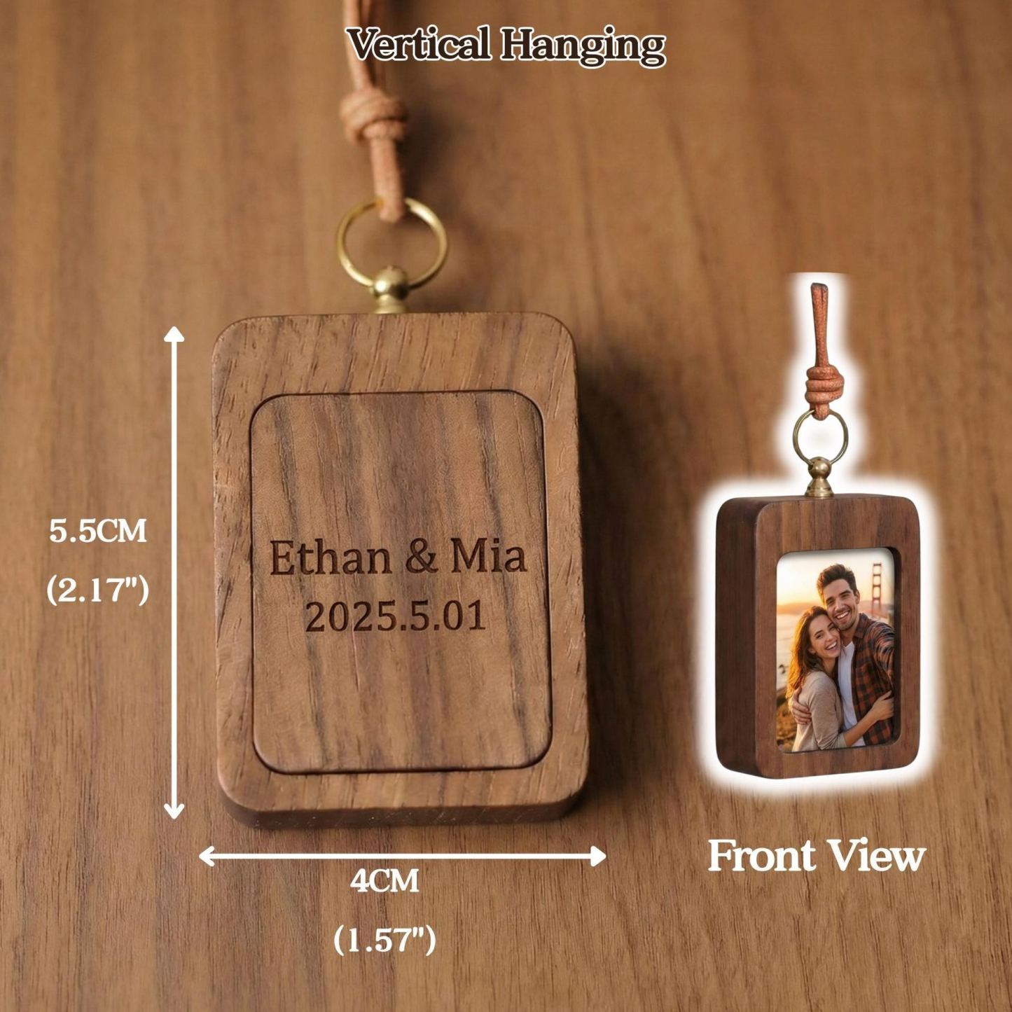 Personalized Walnut Photo Frame for Rear View Mirror Decoration | Anniversary gift for a couple, new family Fathers Day Gift - SantaSocks