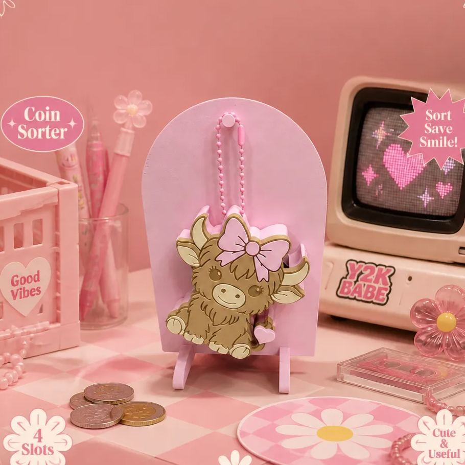 Coquette Highland Coin Sorter Coquette Highland Cow Coin Sorter, Cute Coin Holder Keychain, Pink Bow Cow Coin Organizer, Kawaii Money Sorting Gift for Women & Girls
