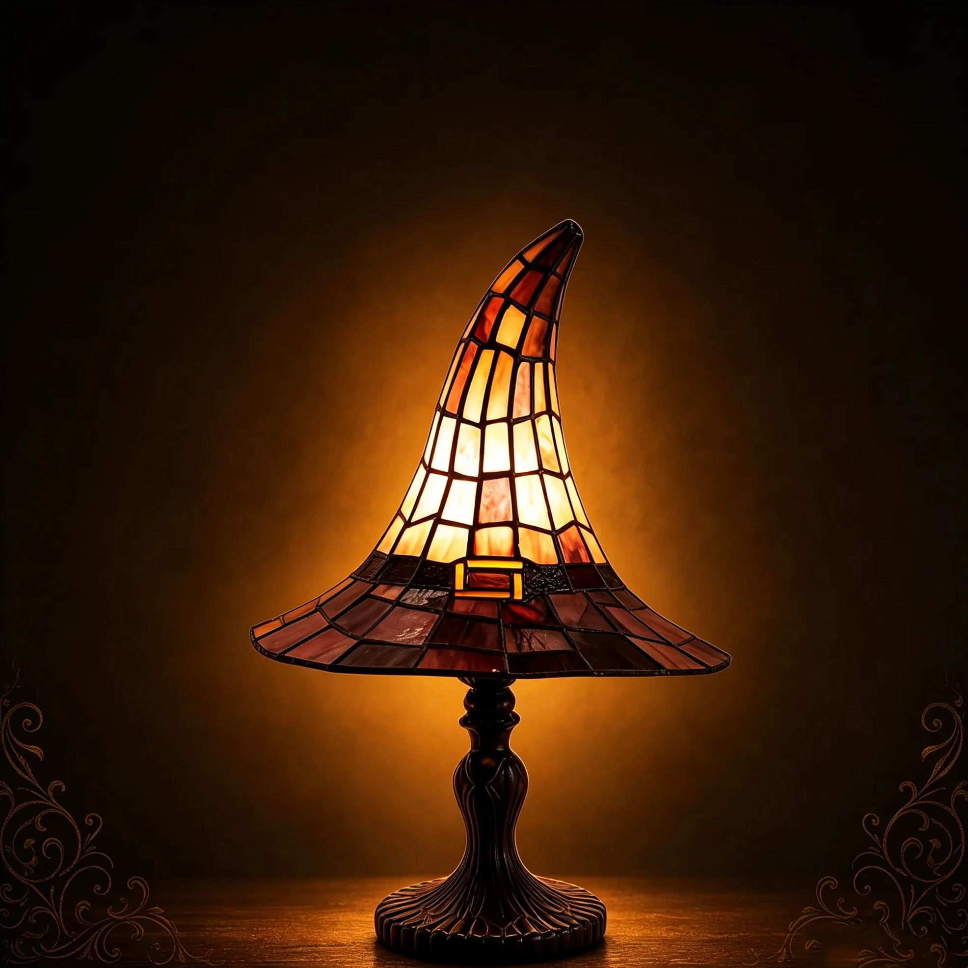Stained Glass Witch Hat Lamp, Resin Decorative Table Light, Halloween Witch Hat Night Light, Fantasy Home Decor Accent Lamp