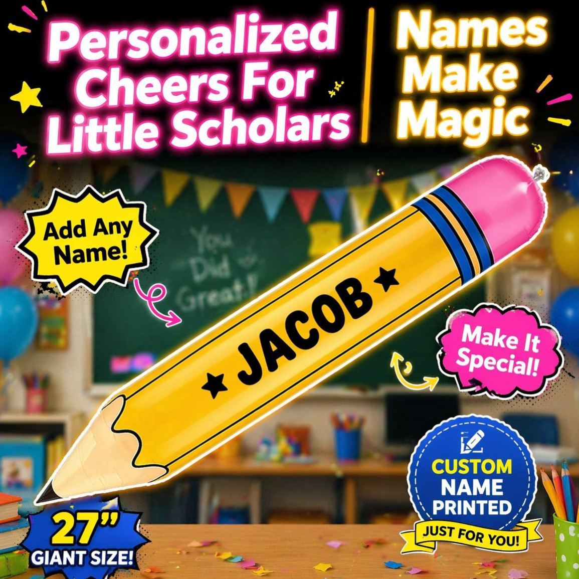 Custom Name Funy Yellow Pencil Balloons Back to School Foil Balloon Giant Pencil Inflatable Balloon The First Day of School Classroom Welcome Party Favors Decorations Siupplies - SantaSocks