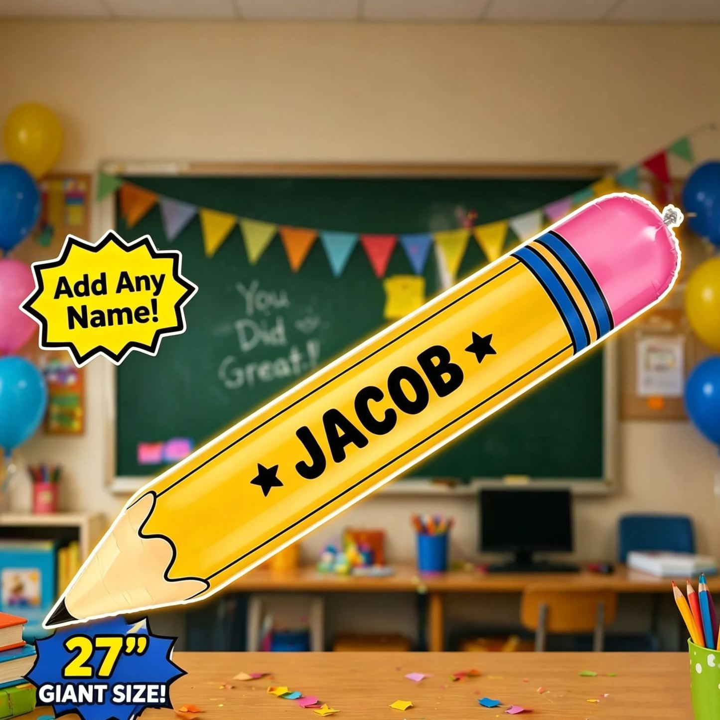 Custom Name Funy Yellow Pencil Balloons Back to School Foil Balloon Giant Pencil Inflatable Balloon The First Day of School Classroom Welcome Party Favors Decorations Siupplies - SantaSocks