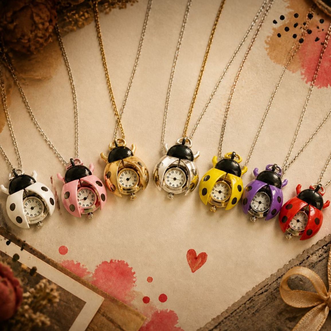 Vintage Ladybug Locket Watch Necklace, Functional Mini Beetle Pendant Quartz Clock Jewelry