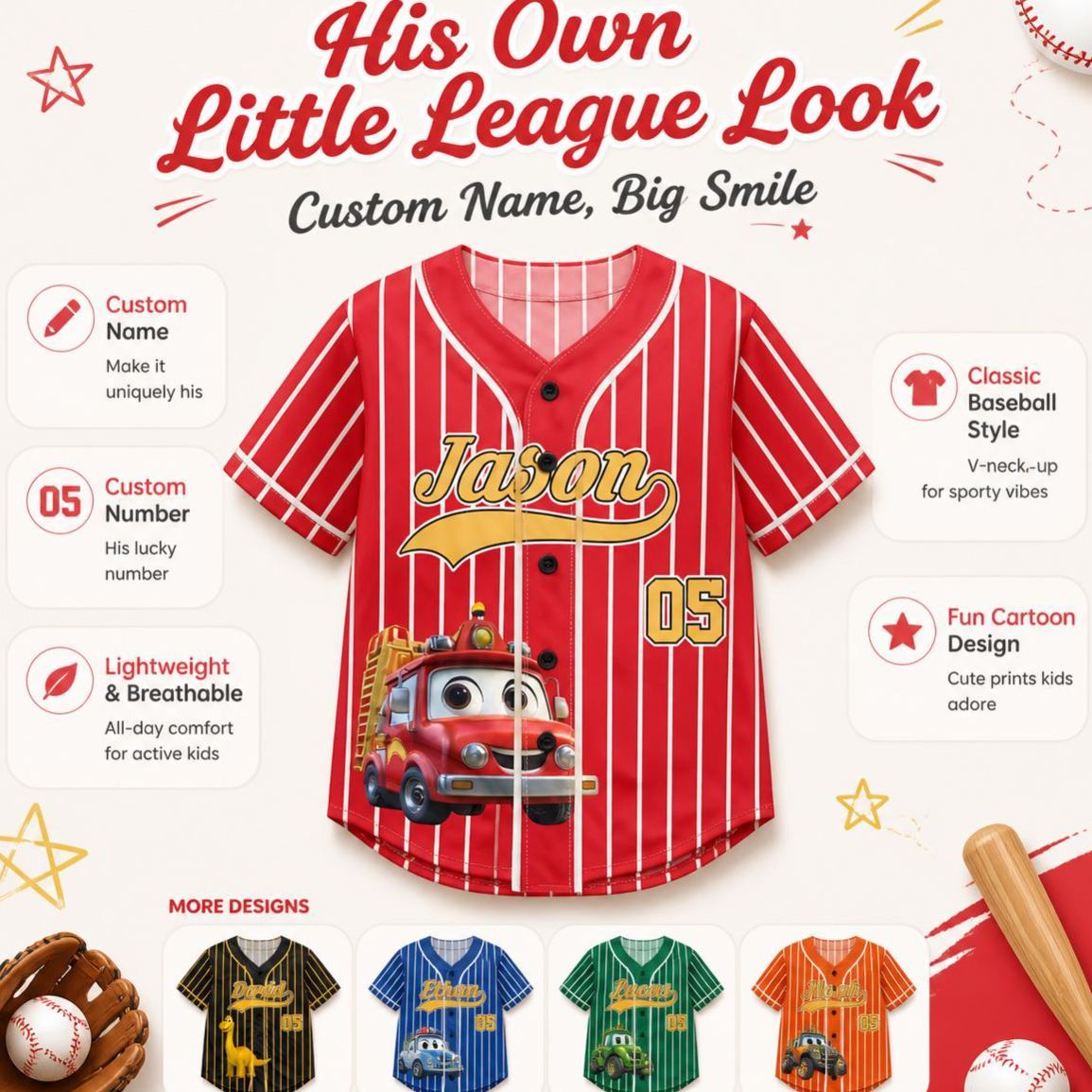 Kid Cartoon Dinosaurus Vehicles - Personalized Jersey Shirt
