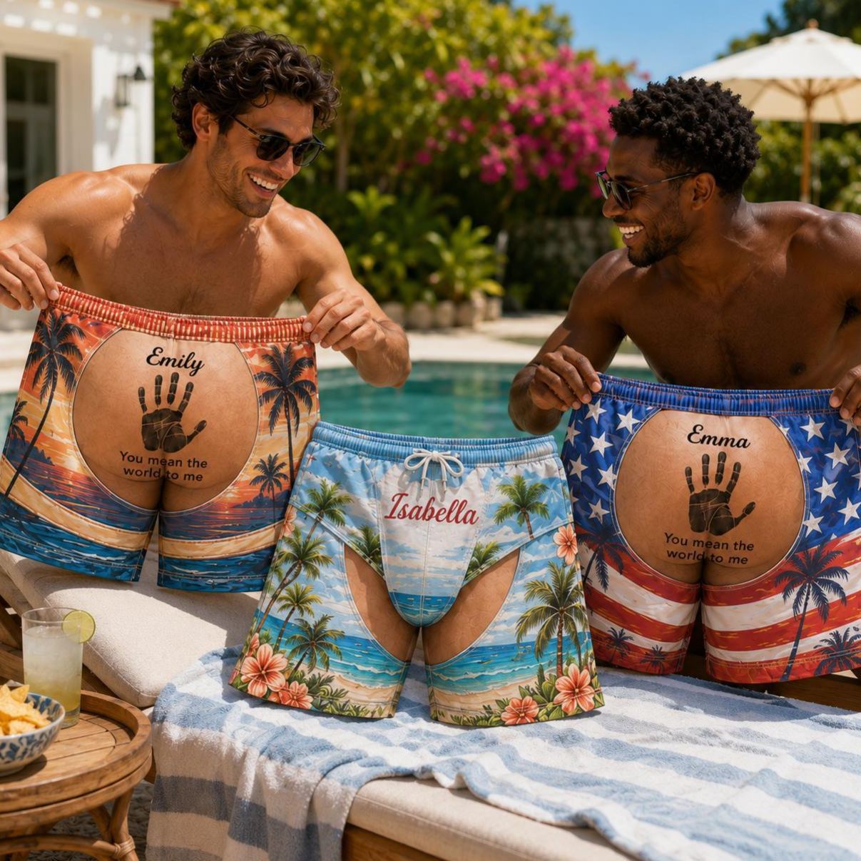 Personalized Men’s Beachwear – Handprint + Custom Name Swim Shorts in Bold Summer Prints (Non-Branded)