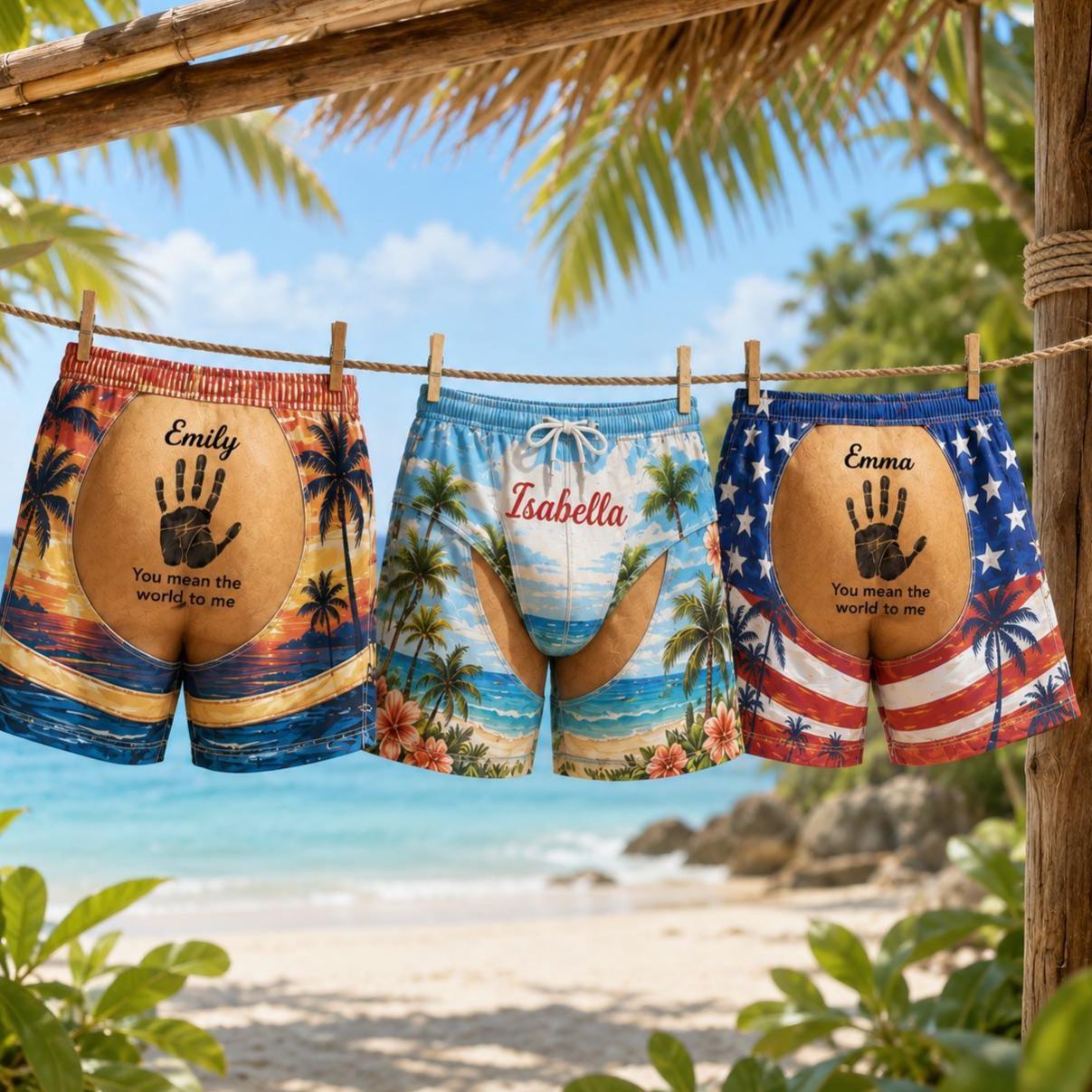 Personalized Men’s Beachwear – Handprint + Custom Name Swim Shorts in Bold Summer Prints (Non-Branded)