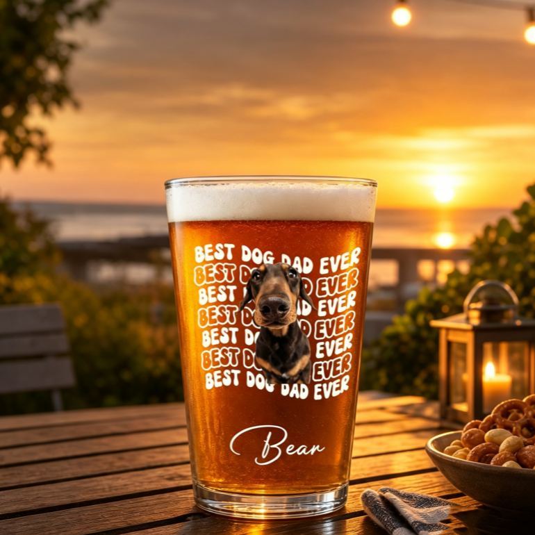 Personalized Dog Dad Beer Glass – Custom Pet Portrait Beer Cup, Funny Father's Day Gift for Dog Lovers, Outdoor Party Drinkware - SantaSocks