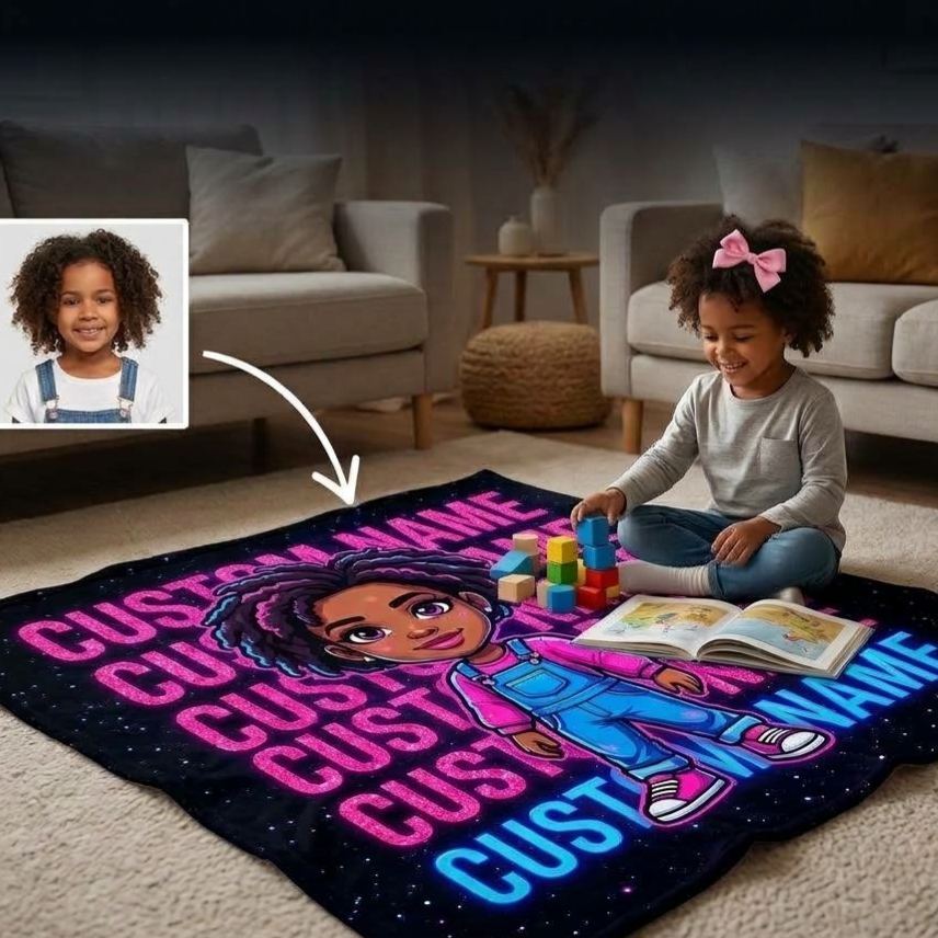 Personalized Cartoon Portrait Throw Blanket with Name, 3D-Style Artwork Soft Blanket, Custom Kid & Teen Gift for Birthday, Bedroom & Home Decor