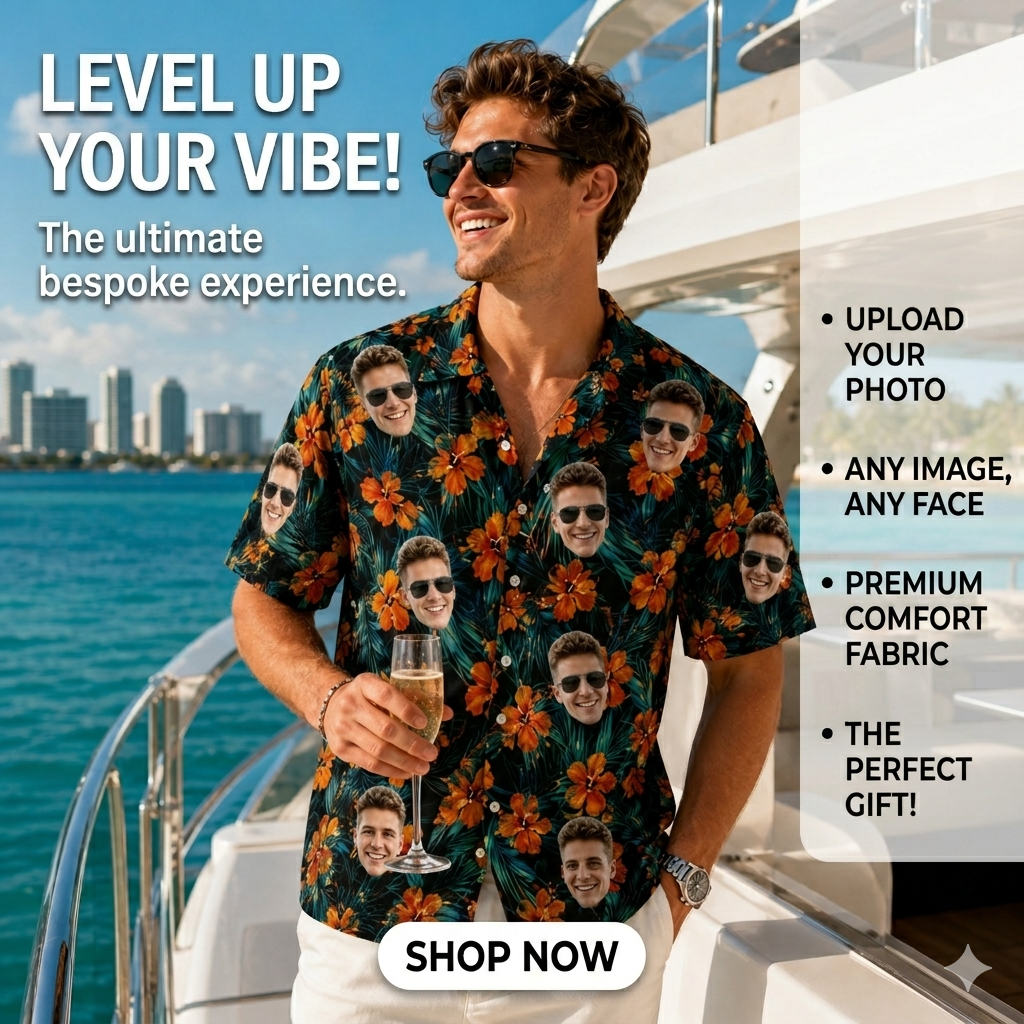 Custom Face Hawaiian Shirt for Men Personalized Photo Tropical Hibiscus Aloha Shirt, Funny Summer Gift for Dad