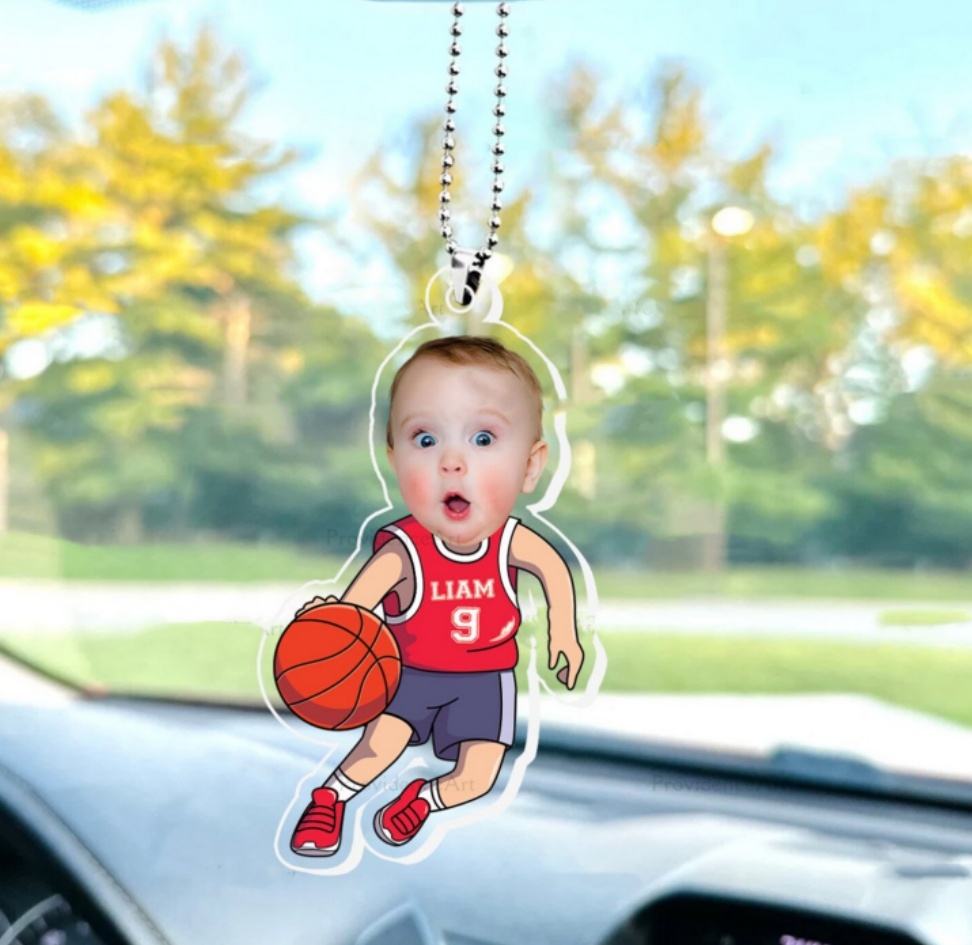Personalized Baby Photo Basketball Dad Ornament In Car for Daddy, Funny Customized Fathers Day Birthday Gift Idea with Kid Name for Husband