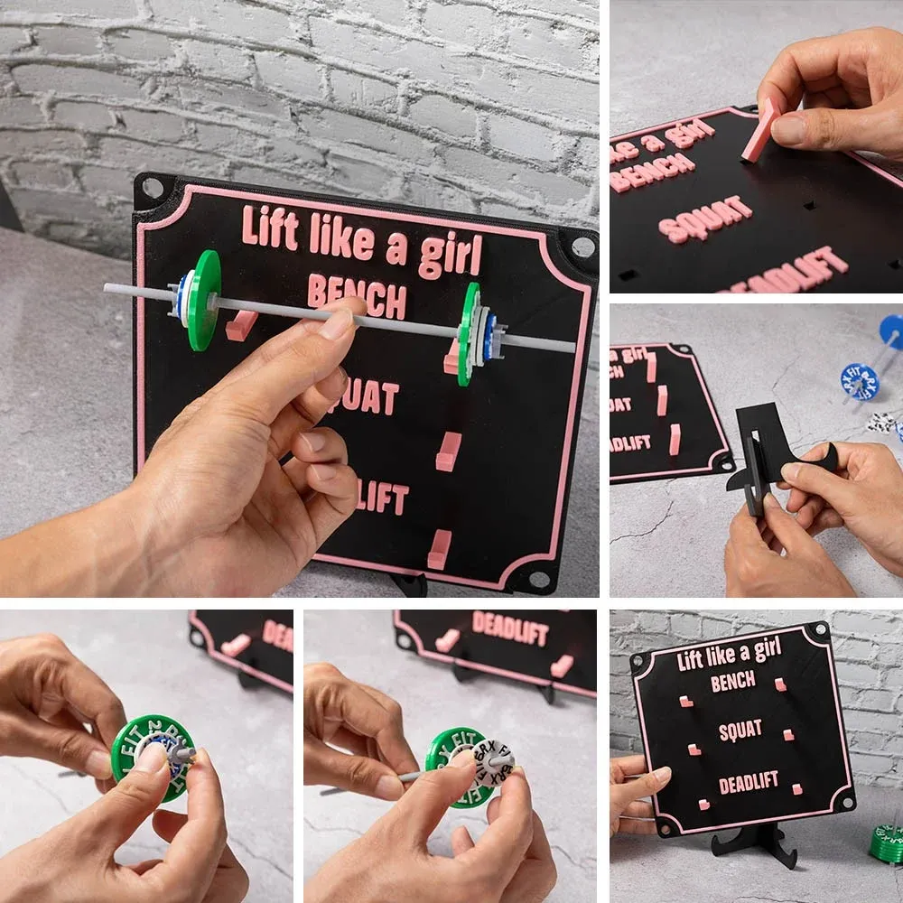 Custom Weightlifting Personal Tracking Board, 3D Printed Fitness Recording Board with Minibarbells for Home Gym Workout, Gift for Sports Lover