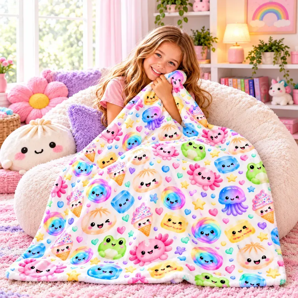 Personalized Squishy Blanket for Girls – Birthday & Christmas Gift with Kawaii Dumpling Print, Soft Fleece Throw