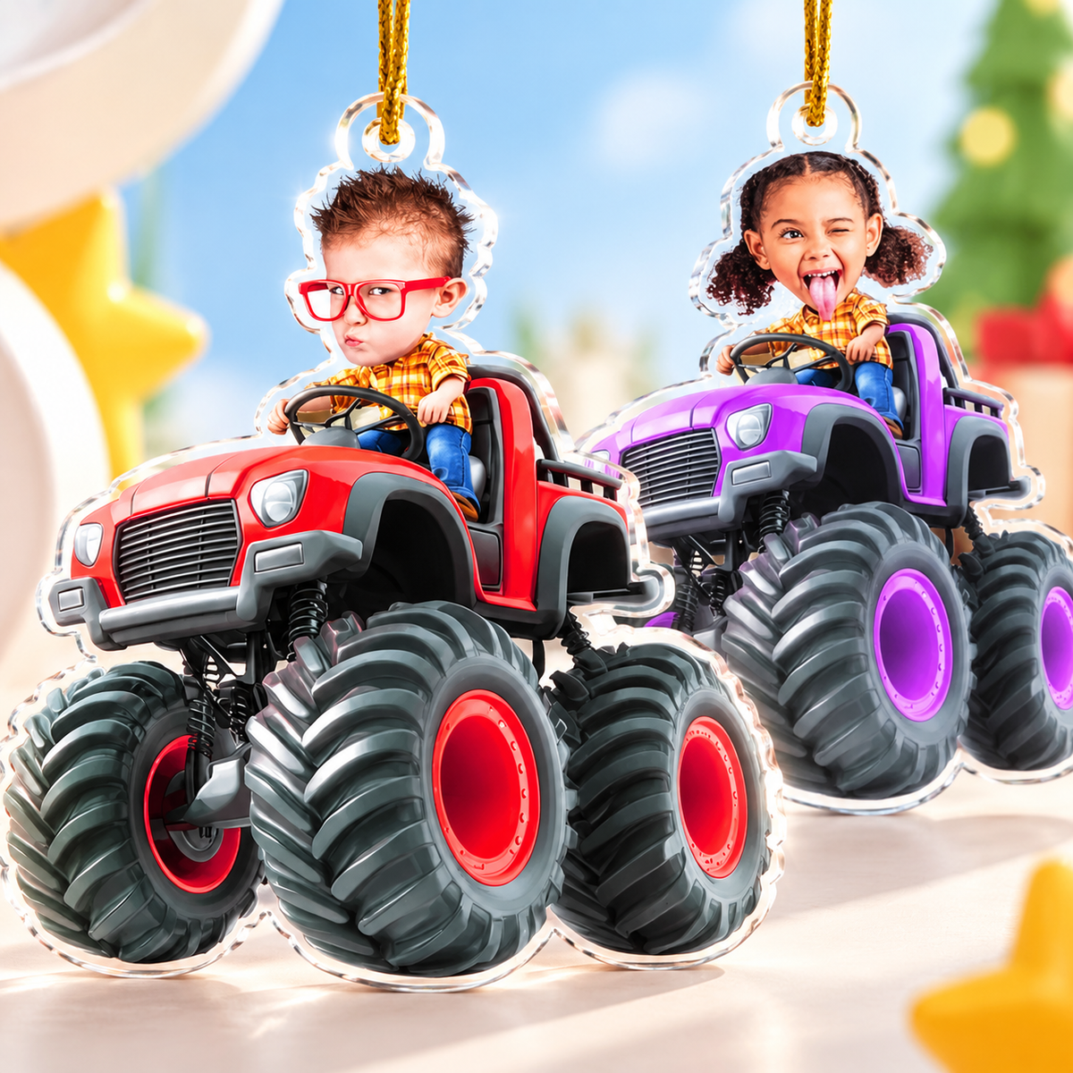 Custom Face Kid Riding Monster Truck Personalized Acrylic Photo Ornament – Kids & Toddler Christmas Gift, Birthday Keepsake