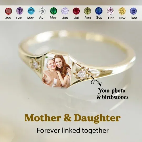Mother's Day Gifts Personalized Birthstone Photo Ring 2 Birthstone Colors Custom Jewelry Perfect Gift for Her