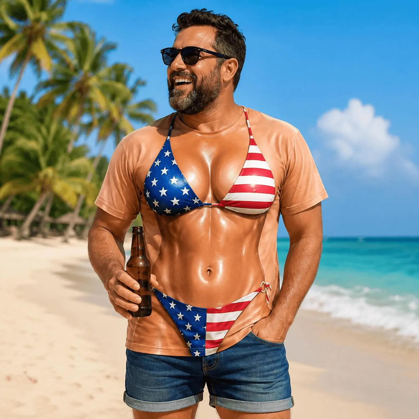 Custom Funny Fake Bikini Body 3D T Shirt, Beach Party Shirt, Bachelor Party Matching Shirts, 3D Printed Bikini Graphic Tee, Gag Gift Men
