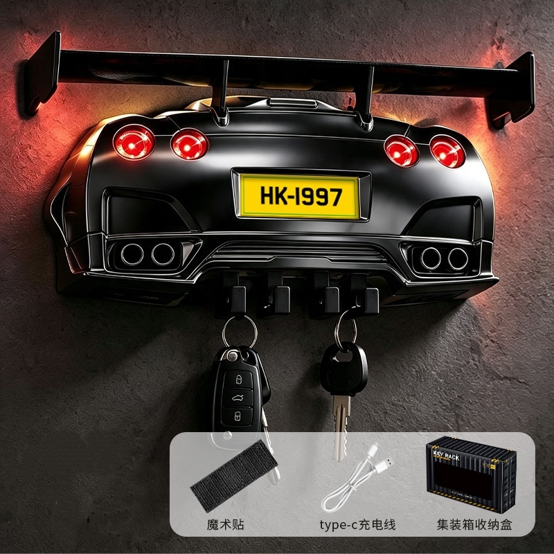 Sports Car Headlight Key Holder – Alloy Wall-Mounted Key Hook with Illuminated Car Light, Creative Key Storage Organizer - SantaSocks