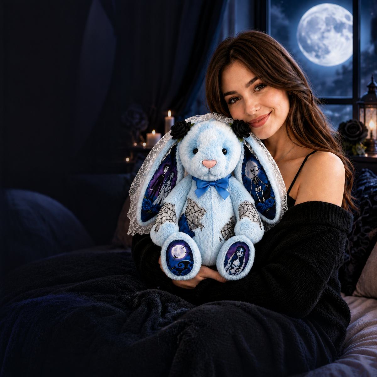 Gothic Blue Plush Bunny Doll with Character Print Ears and Feet – Halloween Gift for Teens & Adults
