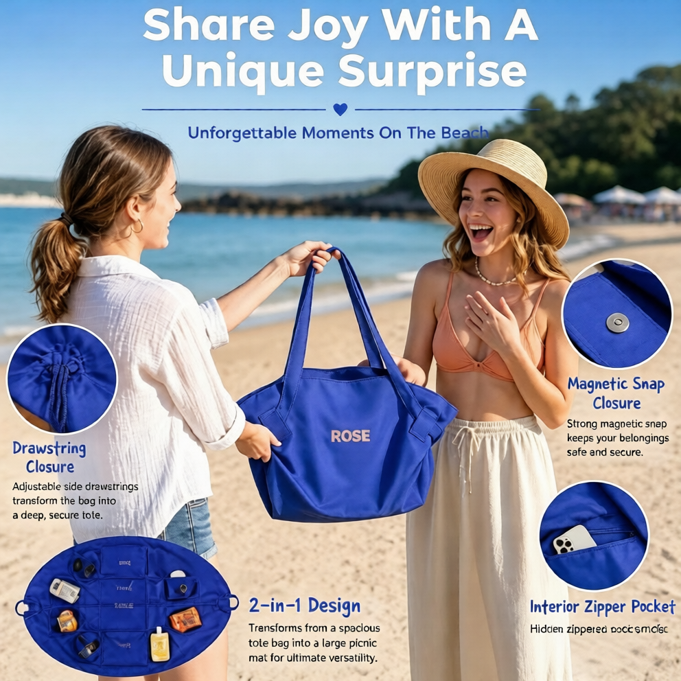 Custom Name Portable Drawstring Storage Bag & Picnic Blanket 2-in-1, Foldable Outdoor Ground Mat, Toy Storage Organizer, Camping Beach Travel Bag