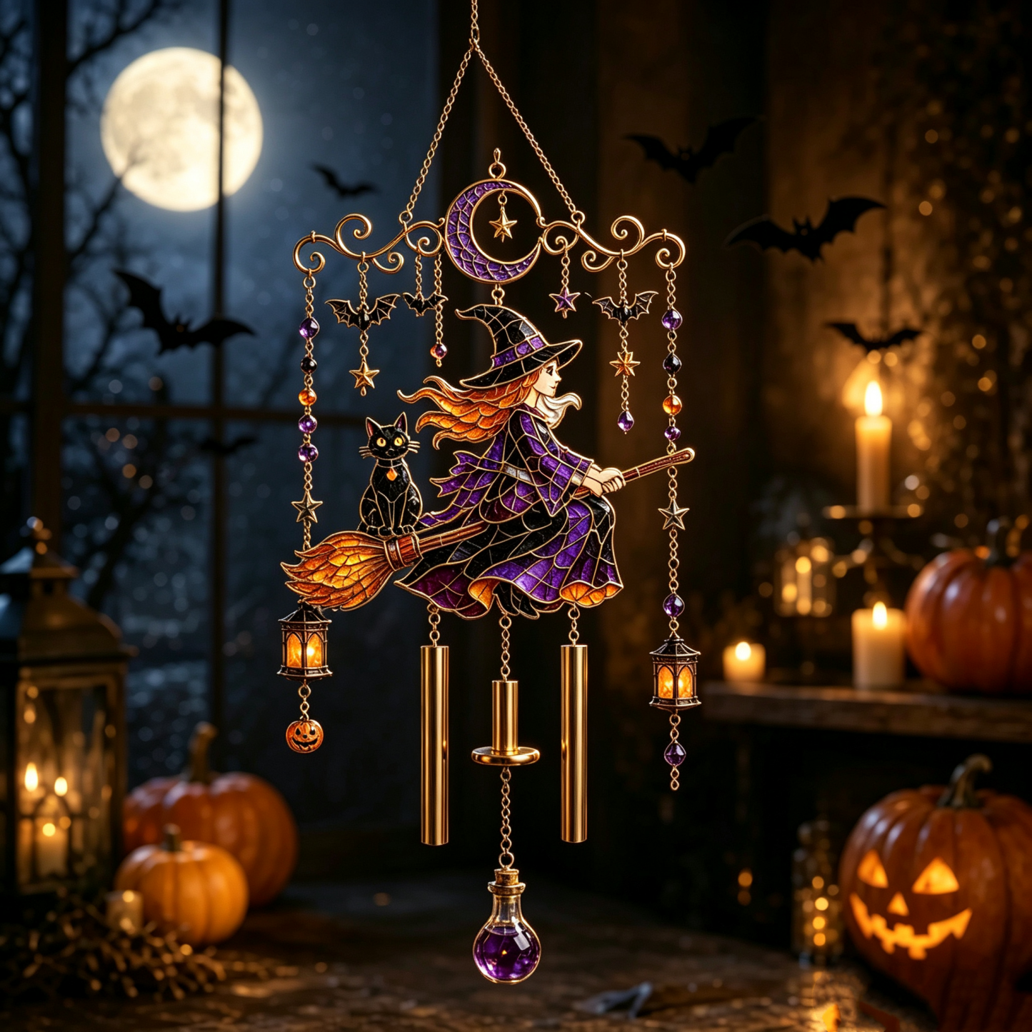 Halloween Stained Glass Carriage Wind Chime – Spooky Decor for Porch, Garden & Party Gift Halloween Stained Glass Wind Chime Gift