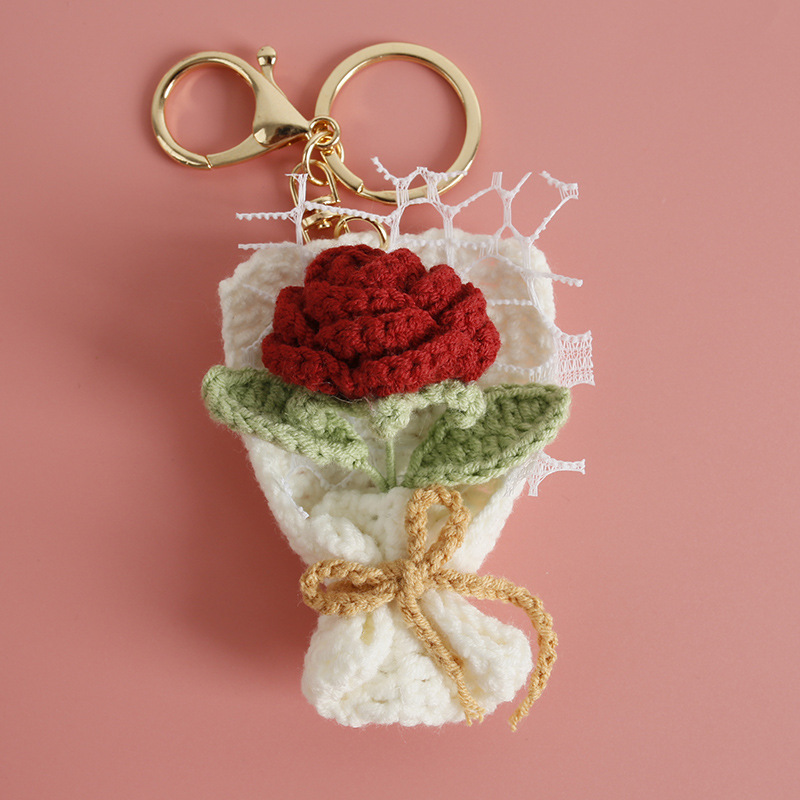 Mother’s Day Keychain Gift | Cute Girl Acrylic Charm with Handmade Crochet Carnation Bouquet | Sweet & Thoughtful Gift