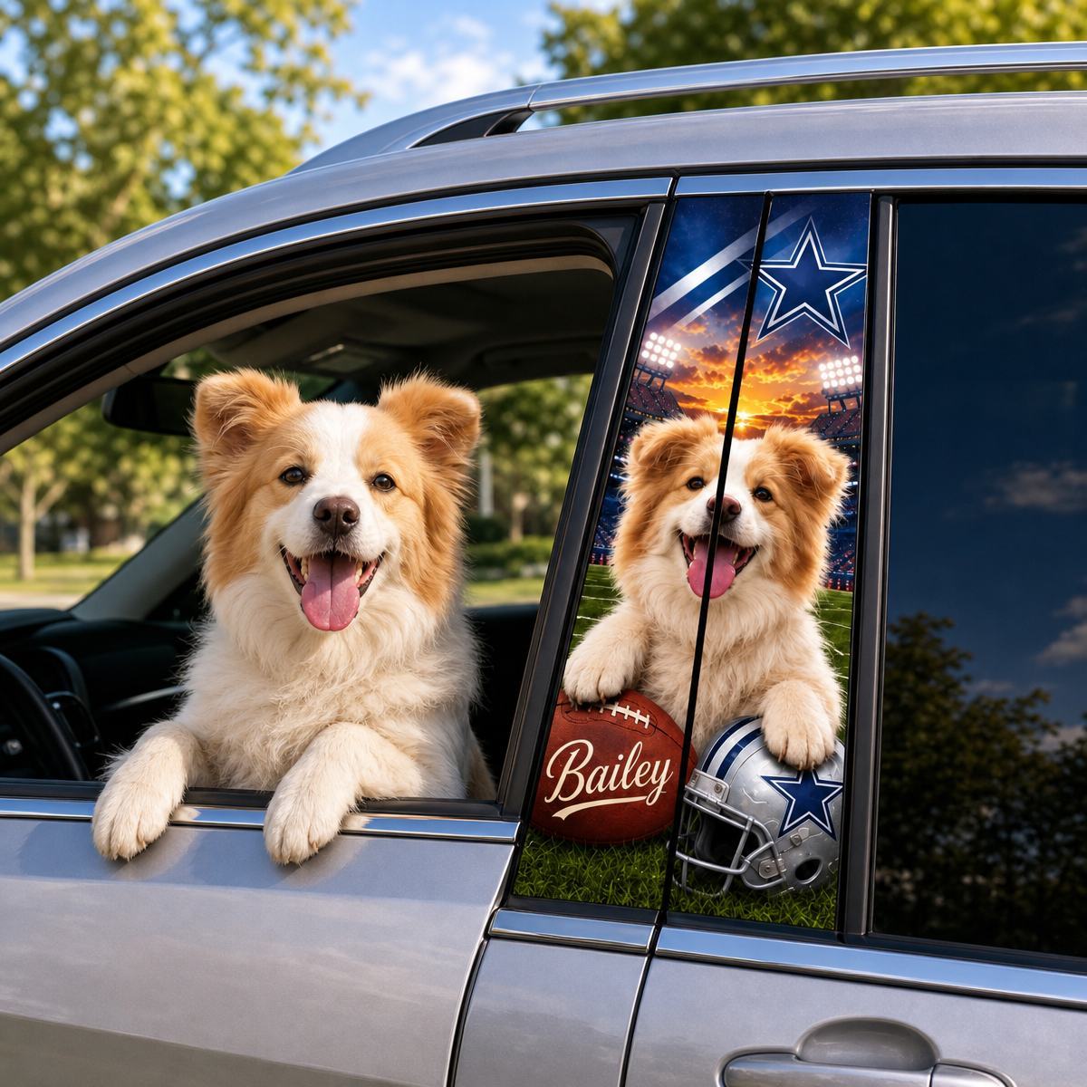 Custom Pet Portrait Car Pillar Wrap – Personalized Dog & Cat Photo Car Decal, Football-Inspired Auto Interior Decor, Universal Fit
