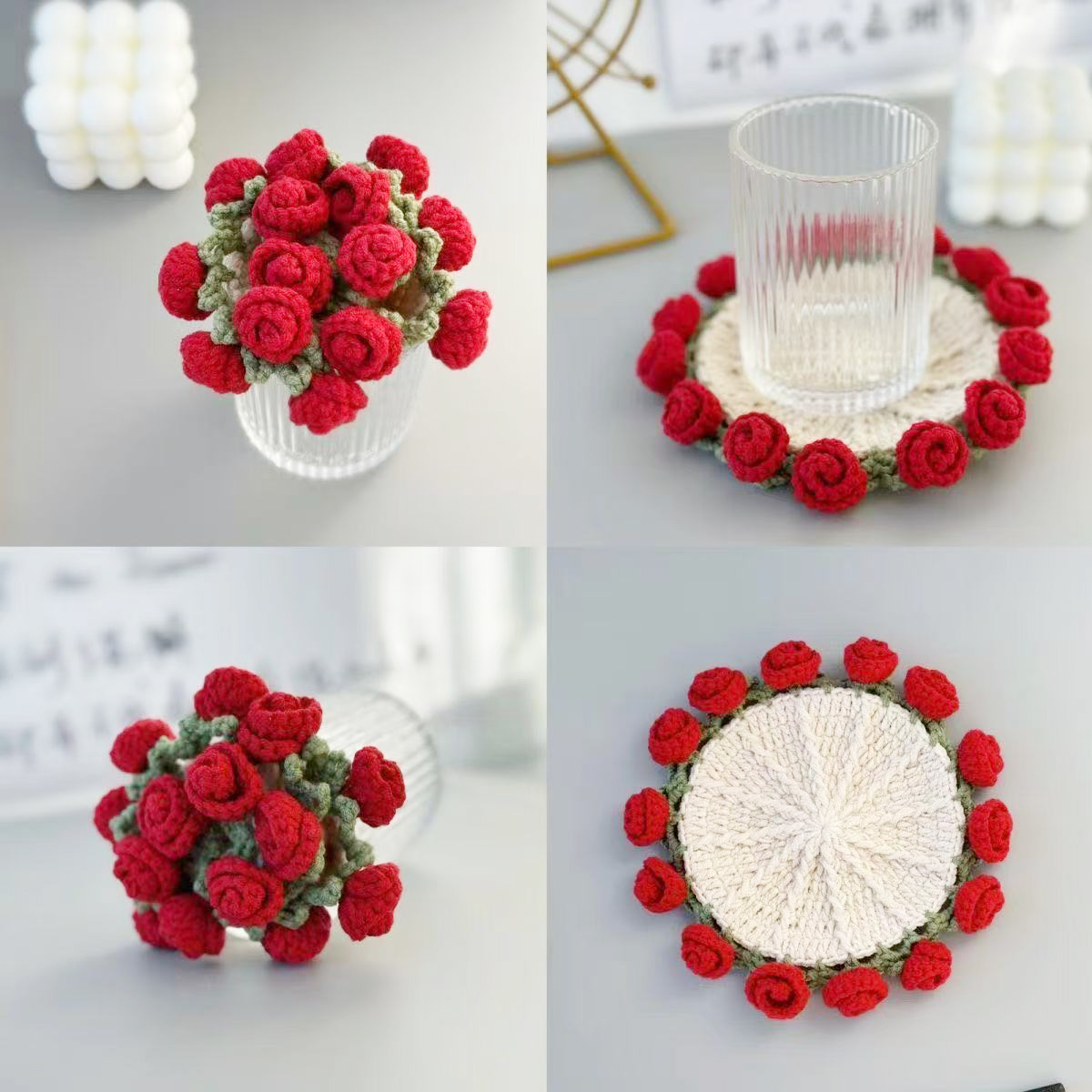Handmade Crochet Rose Bouquet Coaster Set Transformable Floral Coaster & Home Decor Unique Eco-Friendly Gift 2025 Mother's Day Gifts - PhotoMoonLamp