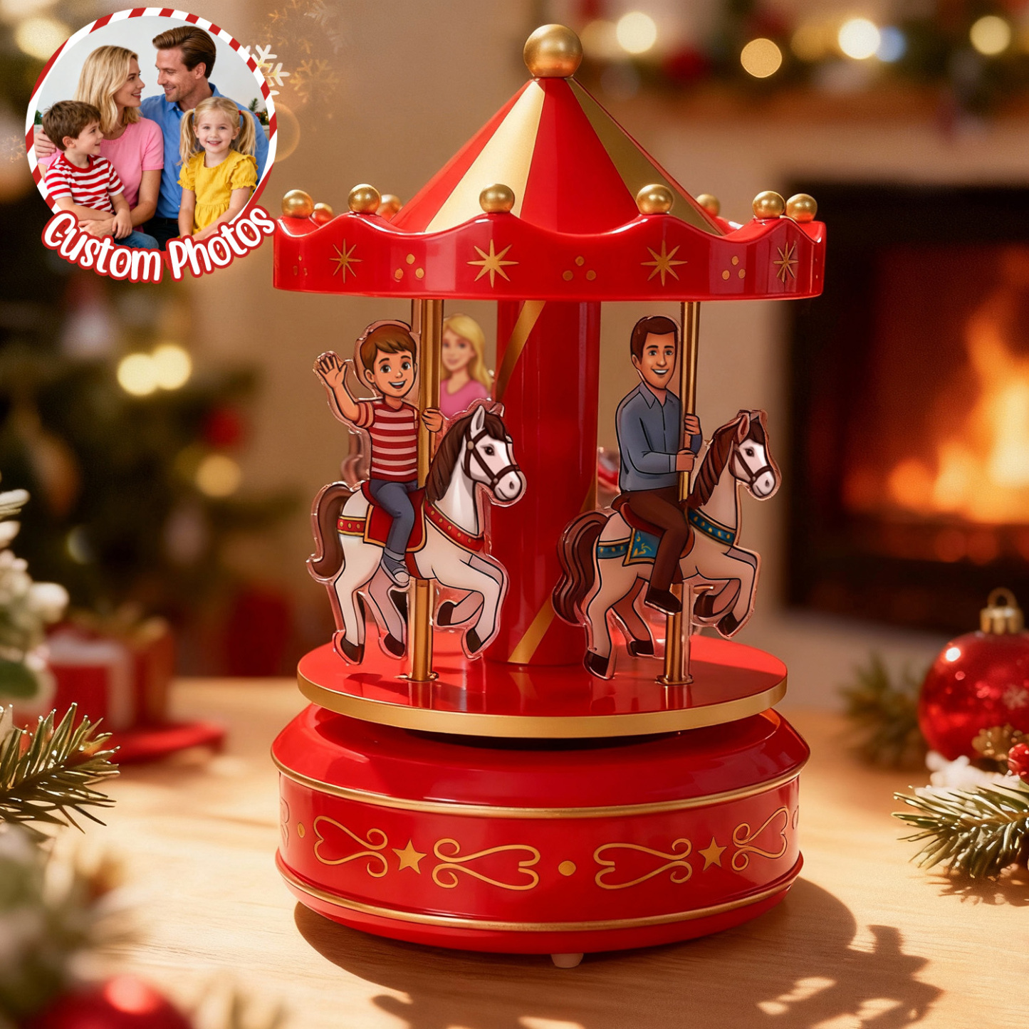 Custom Portrait Carousel Music Box Ornament Family Member Desktop Decoration Gift For Family - PhotoMoonLamp