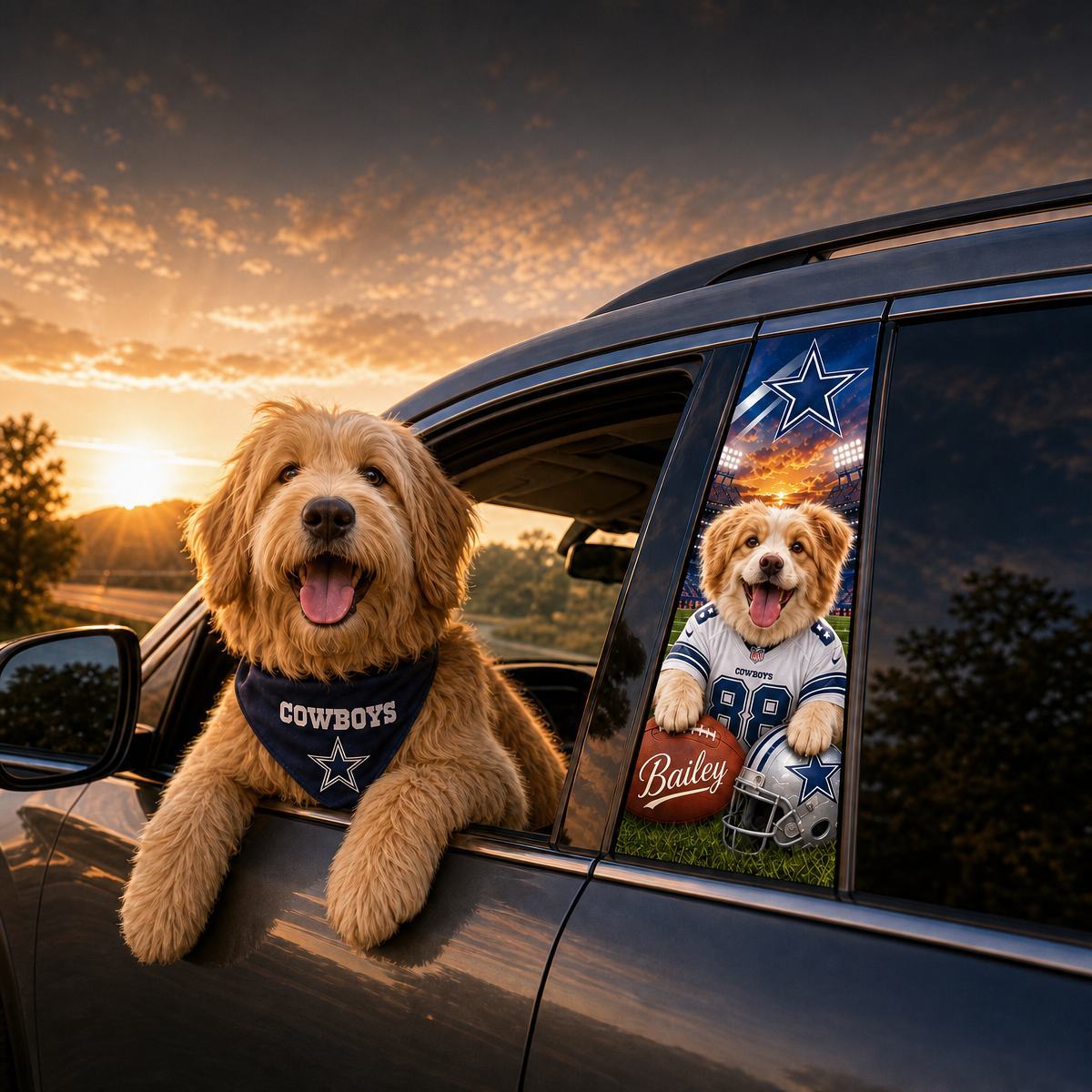 Custom Pet Portrait Car Pillar Wrap – Personalized Dog & Cat Photo Car Decal, Football-Inspired Auto Interior Decor, Universal Fit