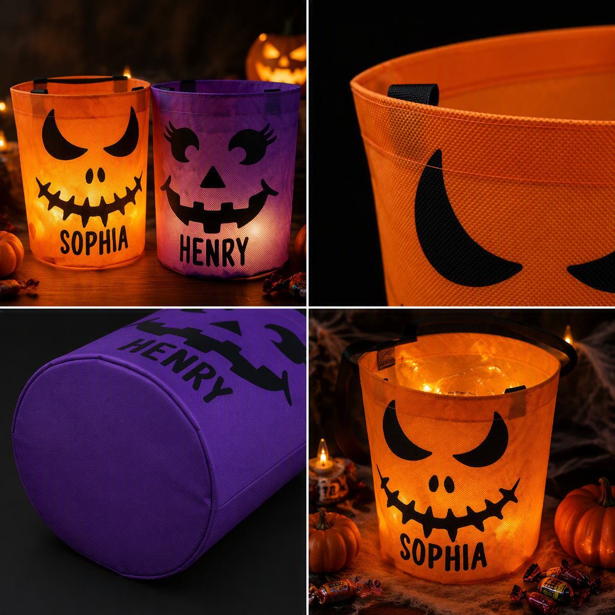 Custom LED Light Bucket Bag - Personalized Halloween Birthday Gifts For Kids - Little Boo Energy Glow Treat Bag for Kids & Trick-or-Treating