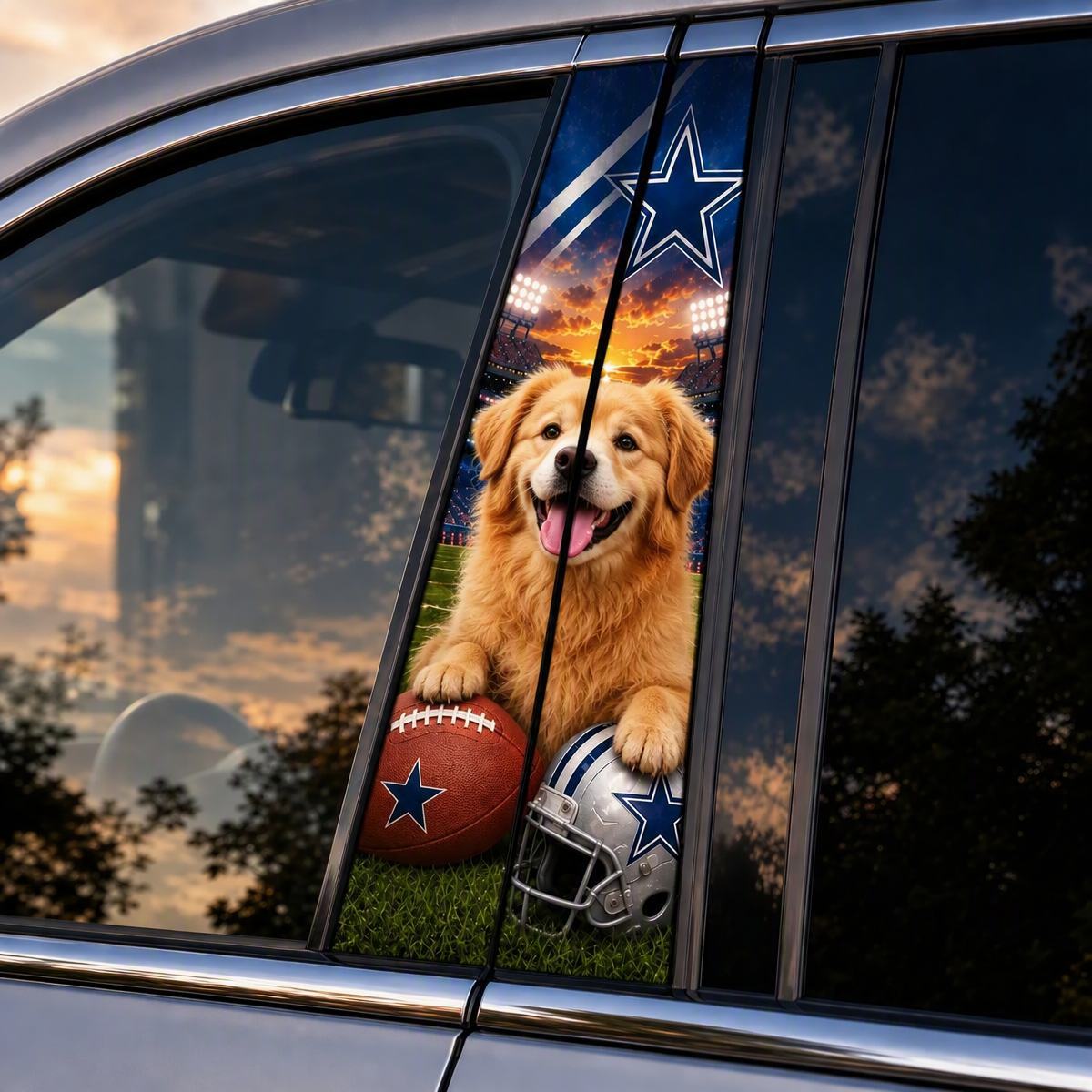 Custom Pet Portrait Car Pillar Wrap – Personalized Dog & Cat Photo Car Decal, Football-Inspired Auto Interior Decor, Universal Fit