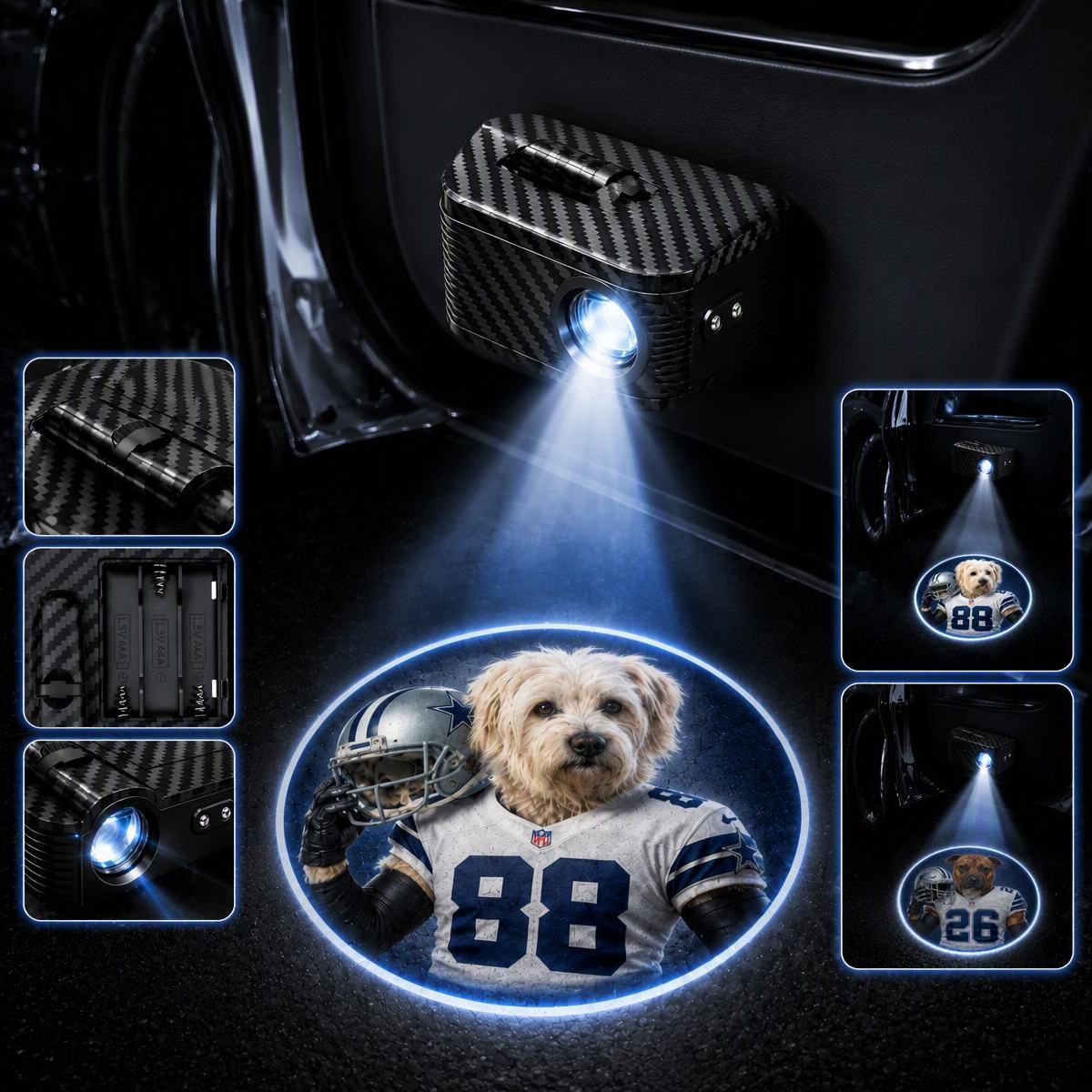 Custom Pet Portrait Car Door Projector Lights Personalized Dog & Cat Photo Welcome Light, Football-Inspired Auto Door LED Projector, Universal Fit