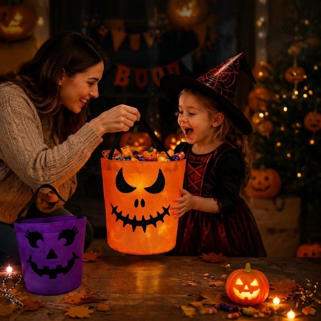 Custom LED Light Bucket Bag - Personalized Halloween Birthday Gifts For Kids - Little Boo Energy Glow Treat Bag for Kids & Trick-or-Treating