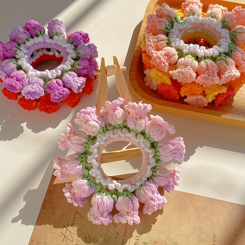 Mother's Day Gifts Hand-Woven Lily Of The Valley Wool Large Intestine Hair Ring High Elastic Ponytail Hair Ring - PhotoMoonLamp