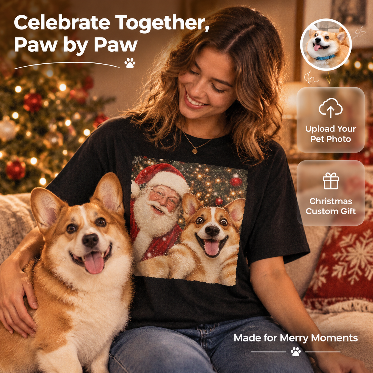 Custom Photo Christmas T-Shirt: Funny Dog & Santa Selfie Tee for Pet Lovers - Holiday Gift - PhotoMoonLamp