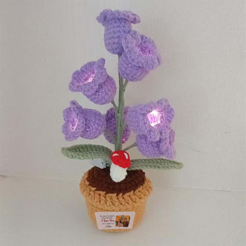 Custom Photo and Name LED Light Crocheted Lily of the Valley - Glowing Potted Knit Flower Home Ambiance Decor