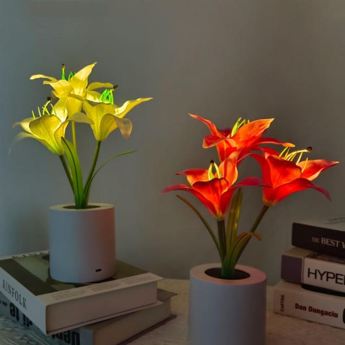 Artificial Lily LED Table Lamp USB Rechargeable Flower Night Light with Adjustable Brightness, Decorative Lily Pot Lamp for Bedroom Desk Decor