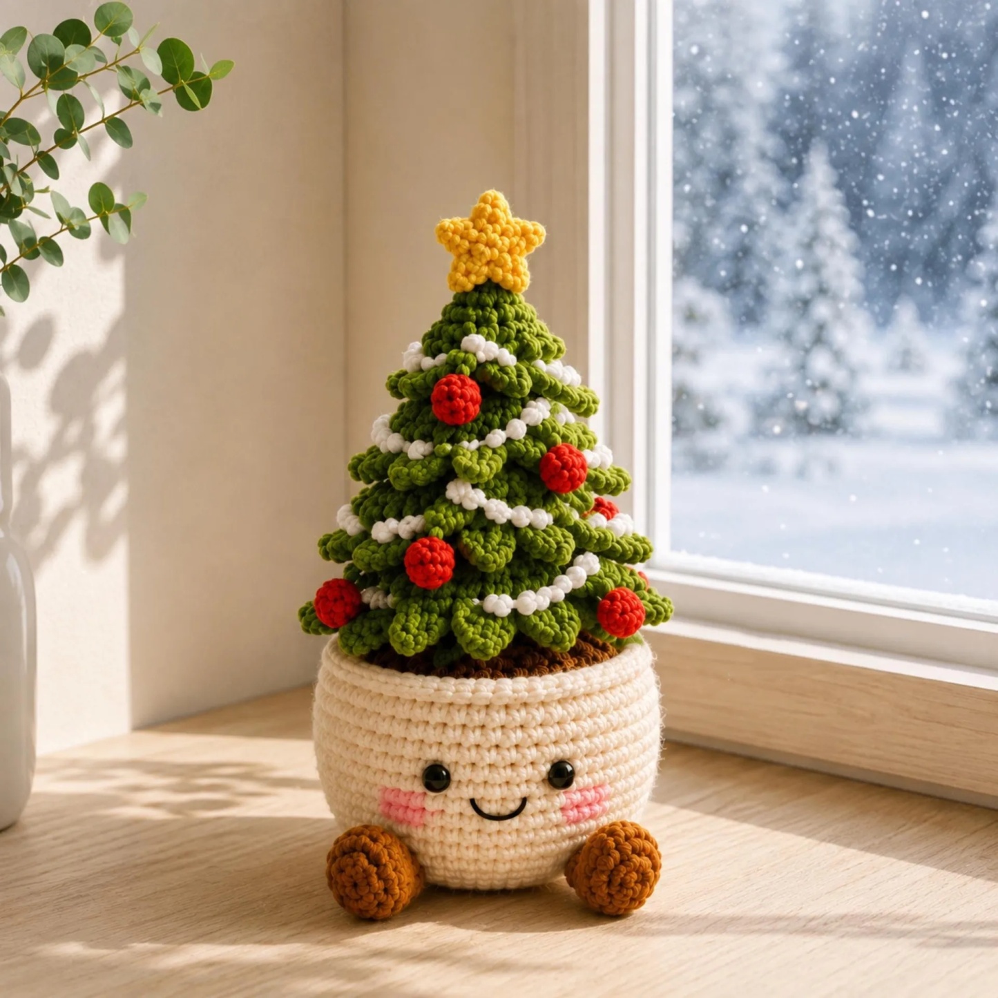 Handmade Crochet Christmas Potted Plant Decor – Festive Desk Ornament Gift for Home, Office & Holiday Parties