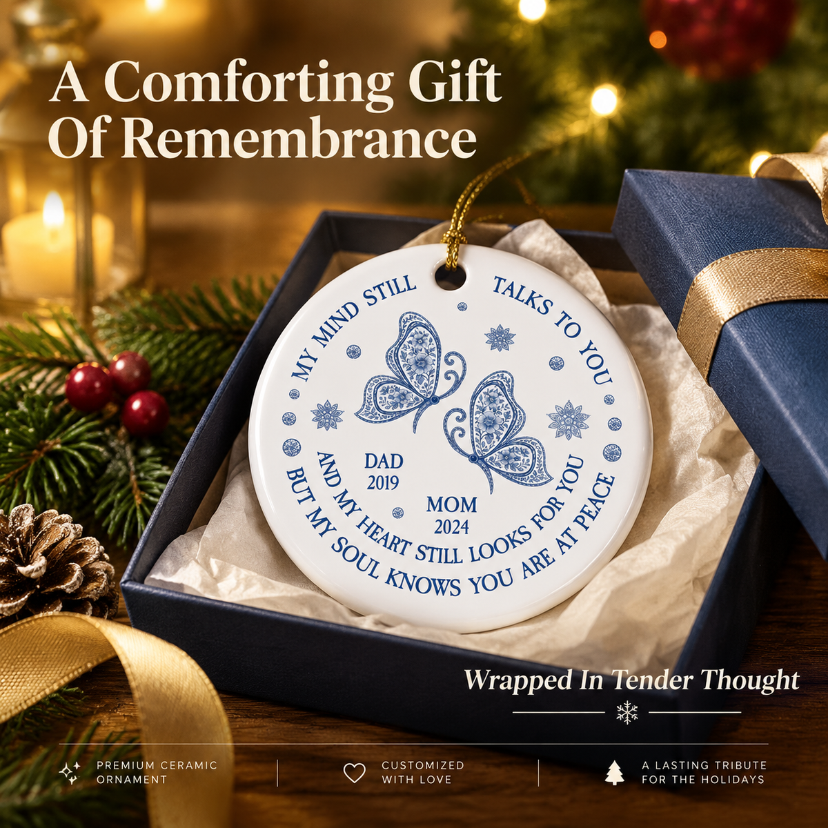 Personalized Ceramic Ornament for Memorial Christmas Gift – 'My Mind Still Talks To You' Butterfly Design - PhotoMoonLamp