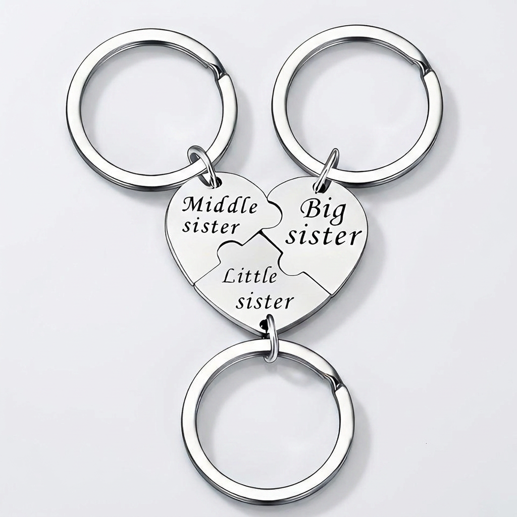 Custom Stainless Steel Puzzle Heart Keychain Set – Big Sister, Middle Sister, Little Sister Engraved Family Bond Gift - PhotoMoonLamp
