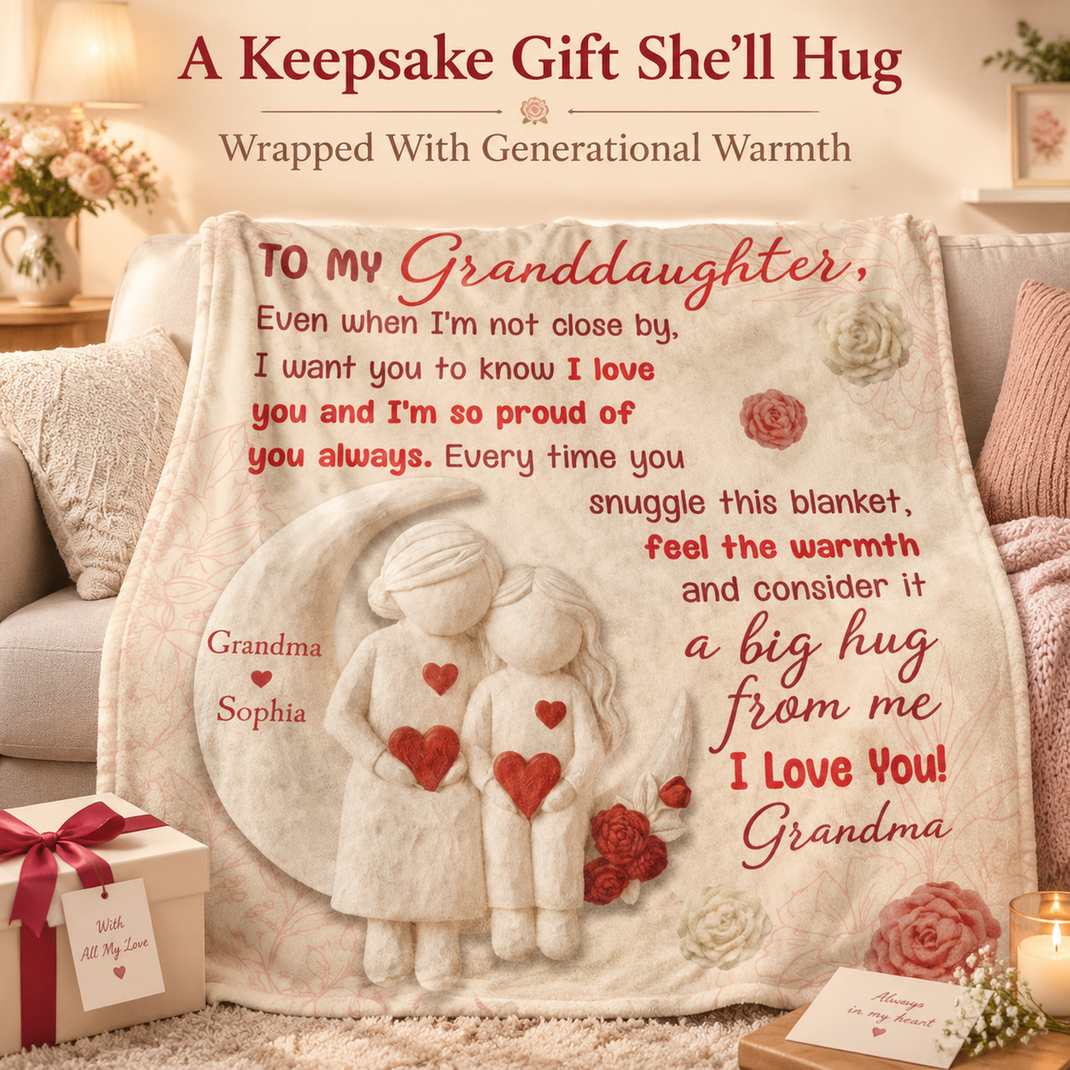 Personalized Grandma Love Blanket for Granddaughter - Cozy Fleece Gift for Christmas Birthday - PhotoMoonLamp
