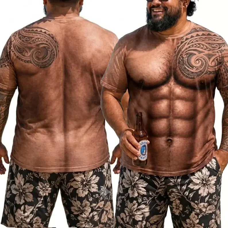 3D Hairy Body Tattoo Graphic T-Shirt, Funny Hairy Body Shirt, Muscular Chest Illusion Shirt, Summer Vacation Travel Gifts for Husband - PhotoMoonLamp